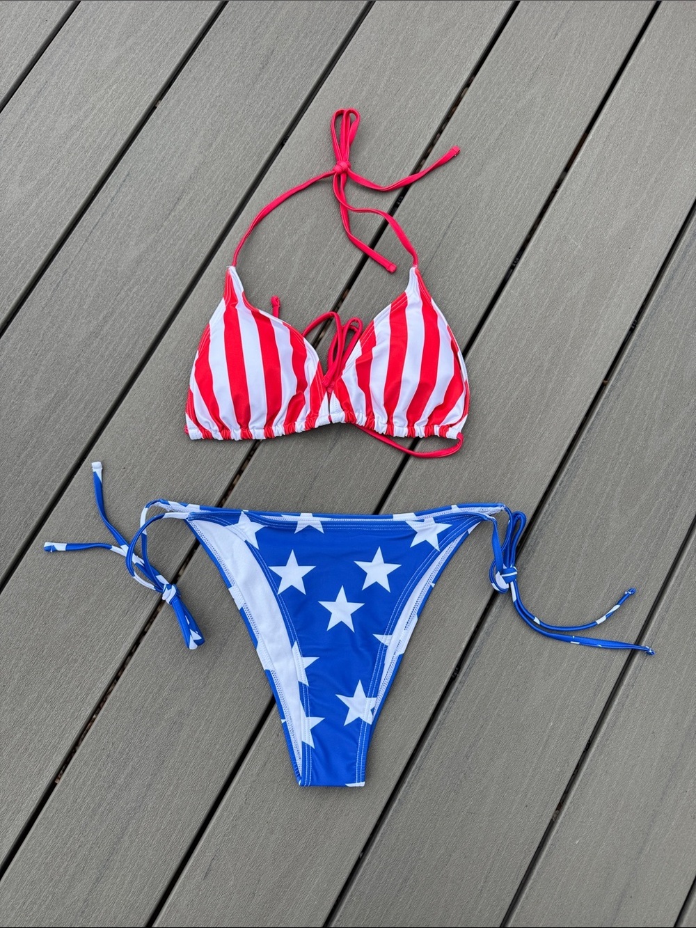 Patriotic American Flag String Bikini Set 4th July Stars Stripes Women's Size L